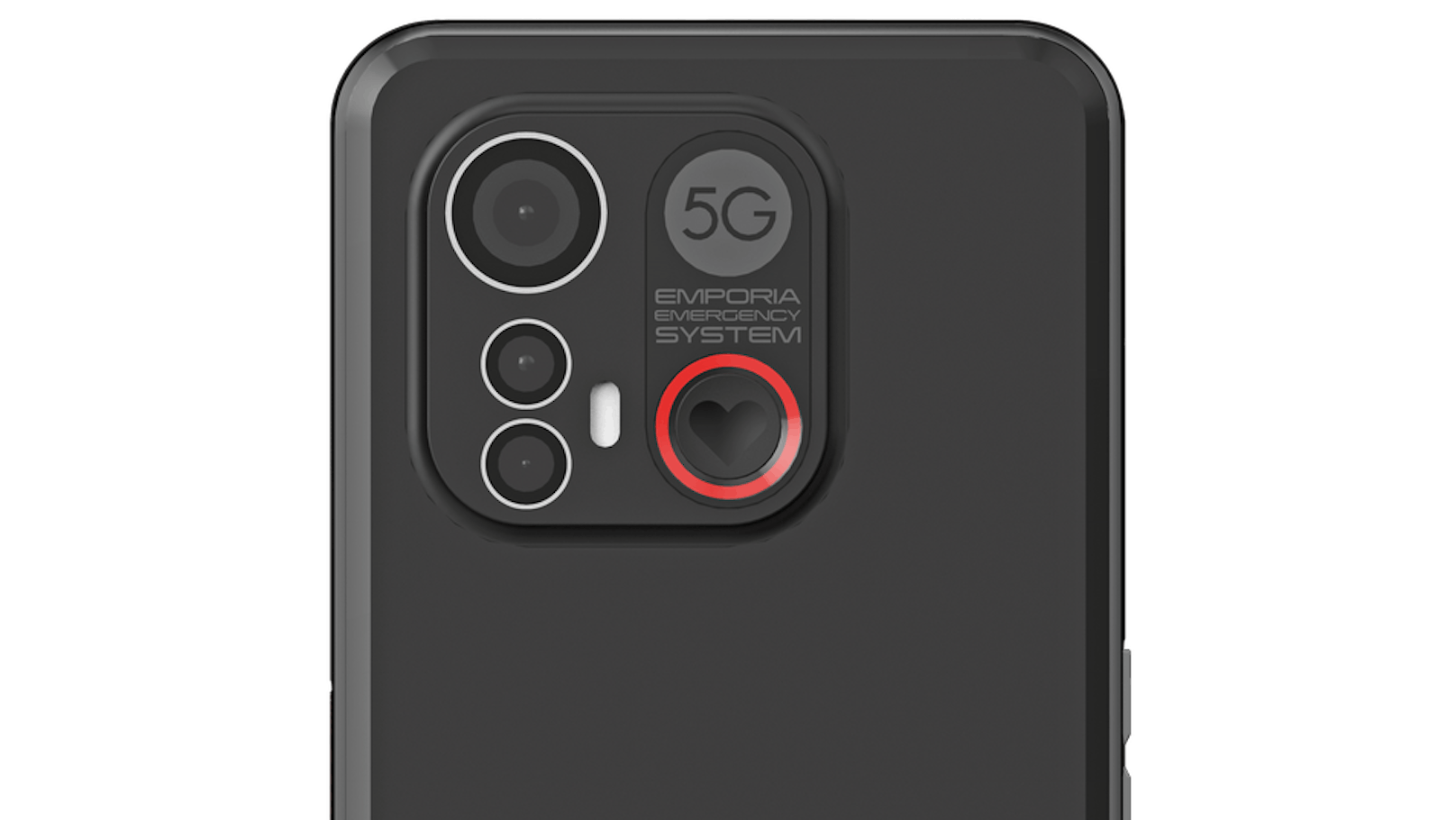 Das emporia ME.6 mit No-Panic-Button im roten Kreis und Dreifach-Kamera.