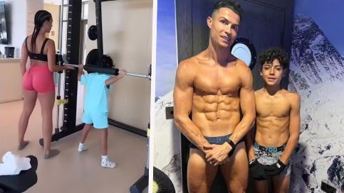 Cristiano Ronaldo mit Cristiano jr. (r.), links Georgina beim Training mit einem der Zwillinge.