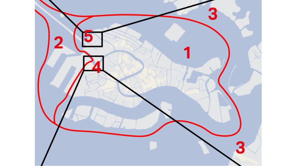 Wer die Altstadt (1) betritt, muss Eintritt zahlen. Dies ist nicht der Fall, wenn lediglich der Piazzale Roma, Tronchetto oder die Hafenanlegestelle (2) passiert werden oder vom Piazzale Roma aus die Anlegestelle von San Giobbe erreicht werden muss (4 und 5).