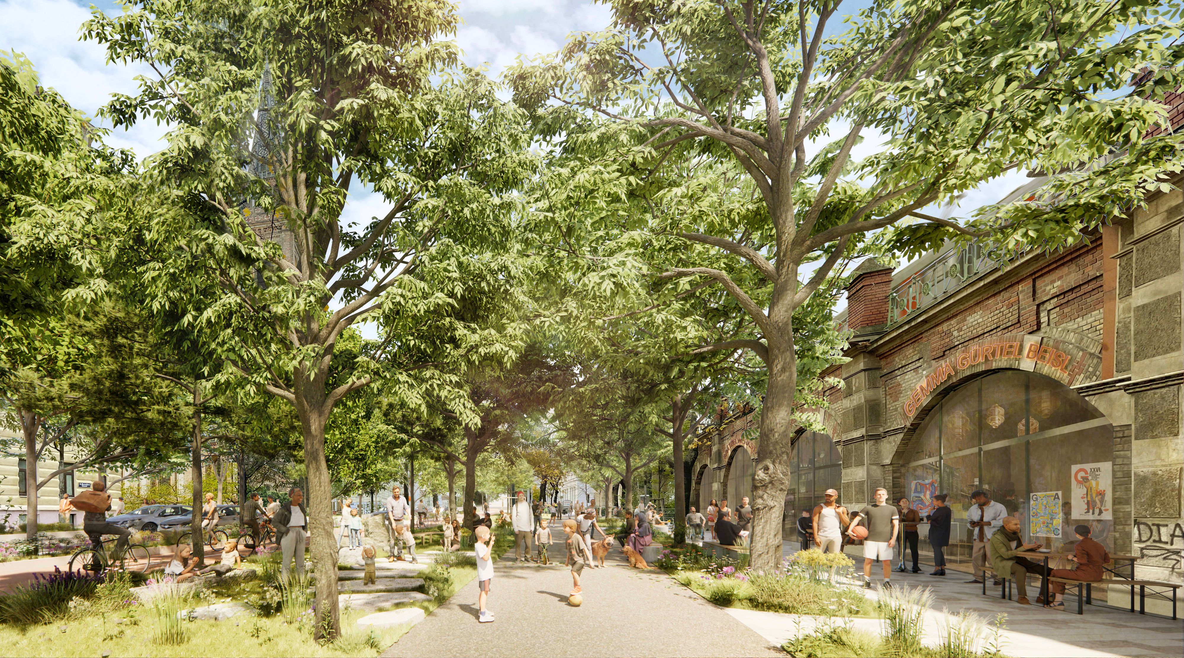 Breite Gehsteige, mehr Grün: So könnte die unmittelbare Umgebung der Gürtelbögen aussehen.