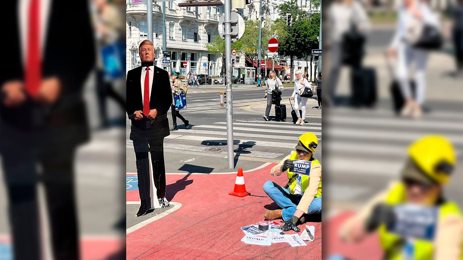 Klebe-Aktion – Trump-Fan blockiert Fahrradweg in Wien
