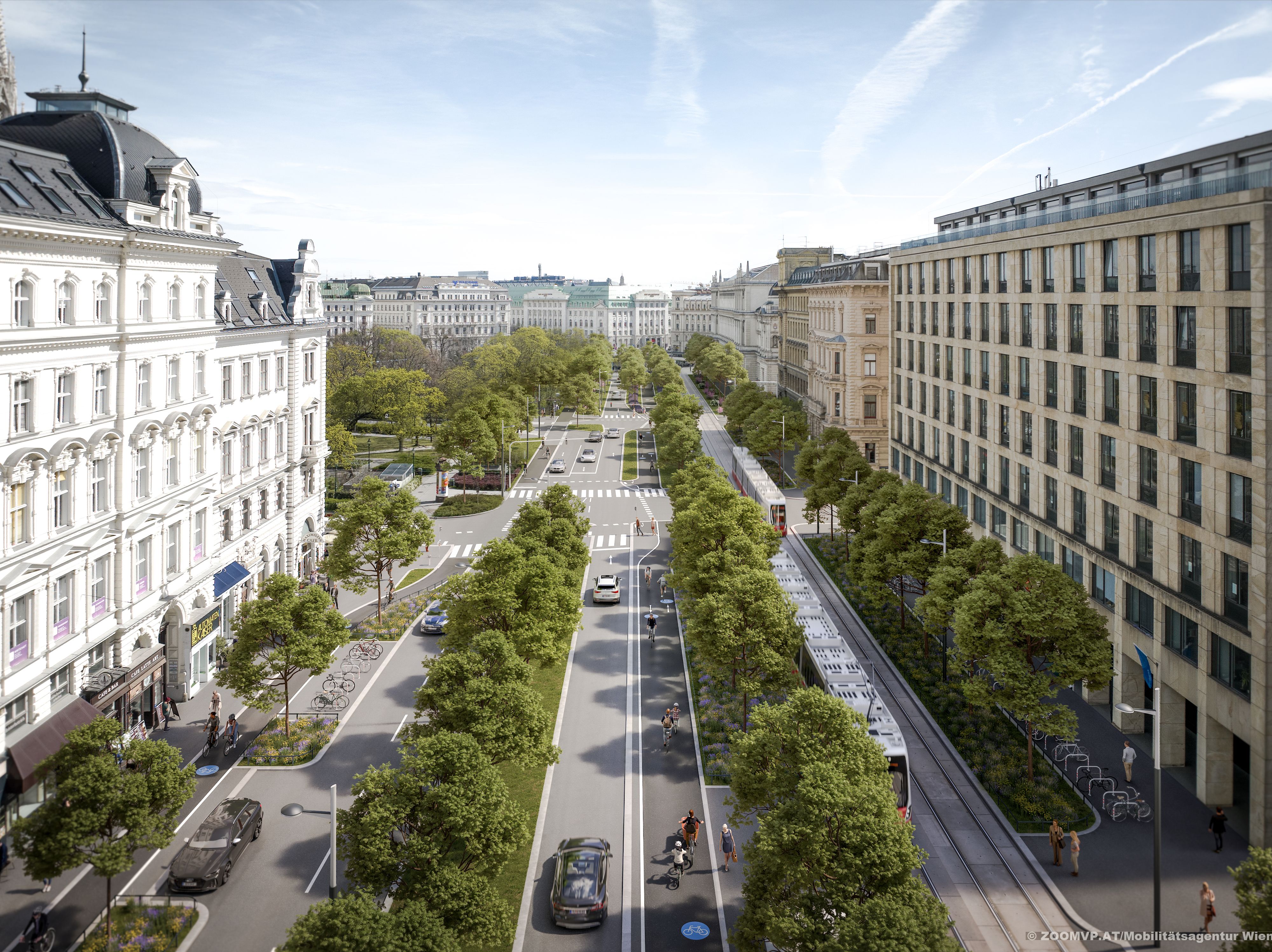 In der Mitte der Universitätsstraße verläuft künftig ein Zwei-Richtungs-Radweg.