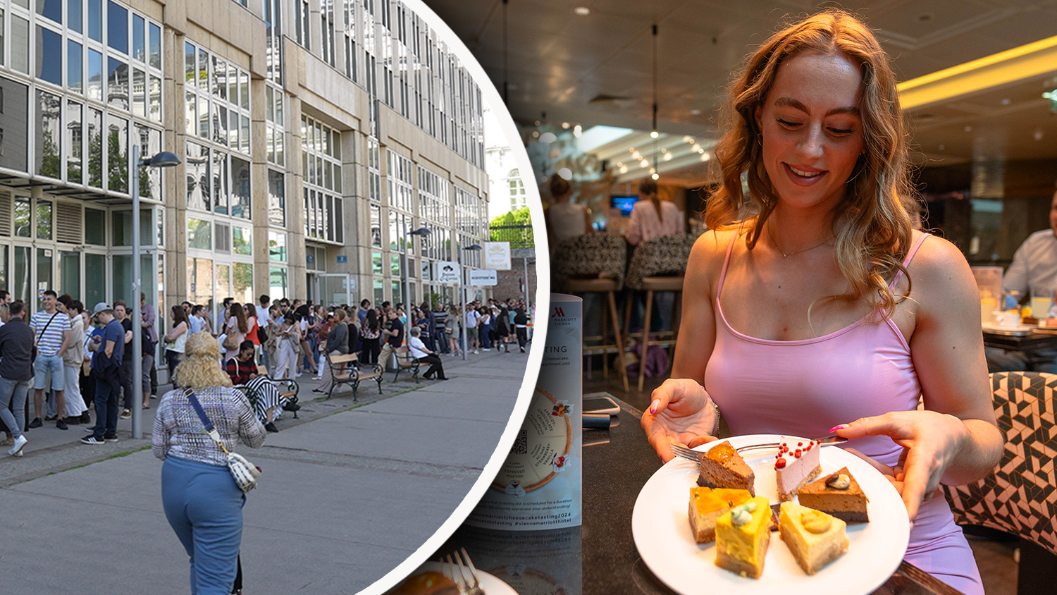 Das Marriott zieht viele begeisterte Besucher zu einer kostenlosen Cheesecake-Verkostung an. Der Andrang war riesig. 