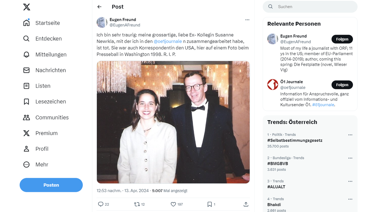 Auch ORF-Legende Eugen Freund trauert auf X um Susanne Newrkla.