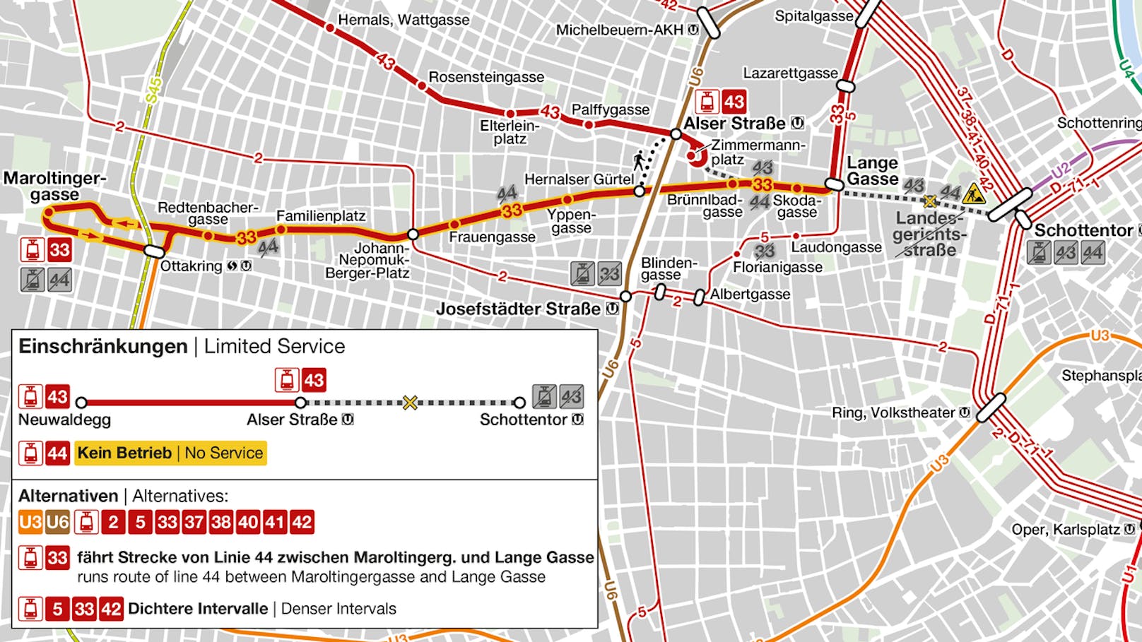 Die Straßenbahnlinien 33, 43 und 44 sind von den Umbauarbeiten in der Universitätsstraße betroffen.