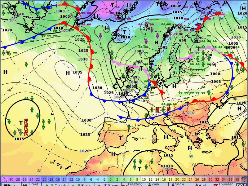 Bodenluftdruck-, Fronten- und Wetterkarte am Montag, den 15. April 2024