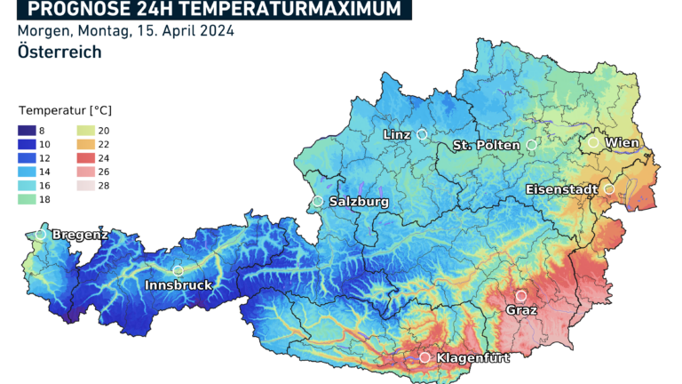 Prognose des Temperaturmaximums für Montag, den15. April 2024