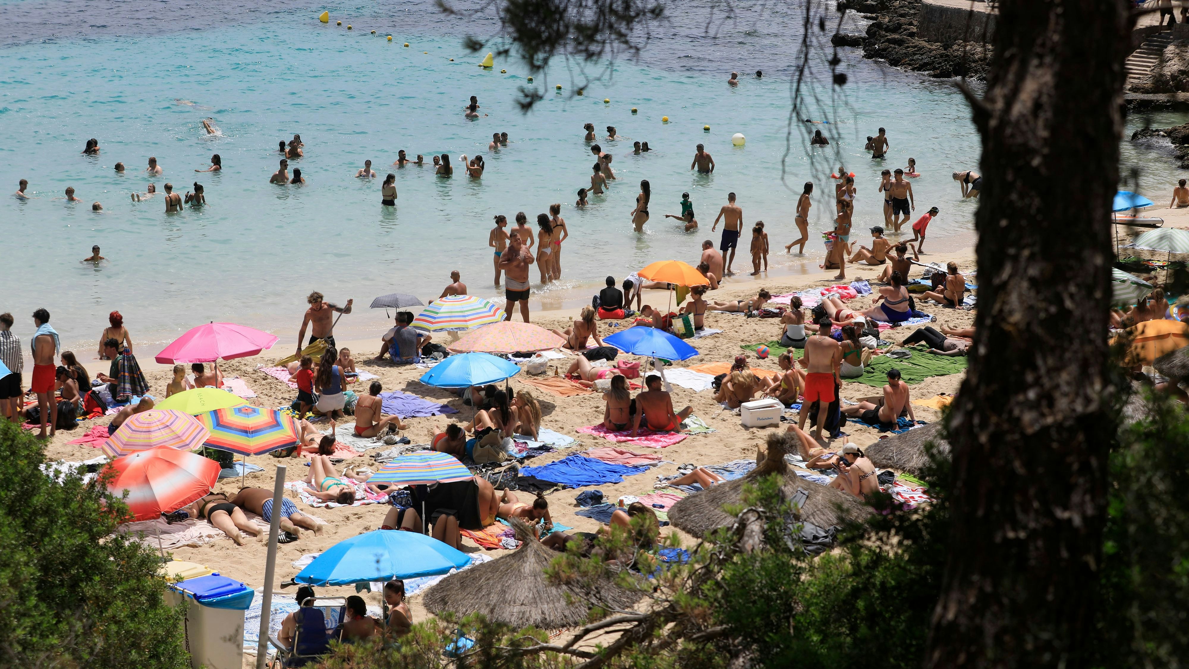 Download von www.picturedesk.com am 15.04.2024 (09:54).  22 July 2023, Spain, Calvia: People swim and sunbathe on the beach of Illetes in Mallorca. According to a study, the Mediterranean Sea is warming up faster and faster and is also becoming increasingly salty. As a result of climate change, the water is warming at a rate of about two degrees per 100 years in the western Mediterranean and in some places by as much as three degrees per century, scientists from the Spanish marine research institute ICM-CSIC wrote in the Journal of Marine Science and Engineering. Photo: Clara Margais/dpa - 20230722_PD9669 - Rechteinfo: Rights Managed (RM)