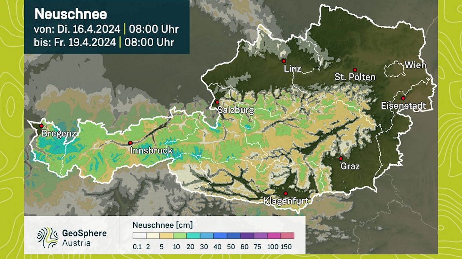 Die Neuschneeprognose für Österreich von Dienstag, 16. April, bis Freitag, 19. April 2024.