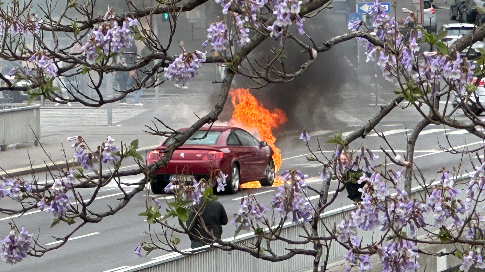 Auto brennt lichterloh am Schwedenplatz – Großeinsatz