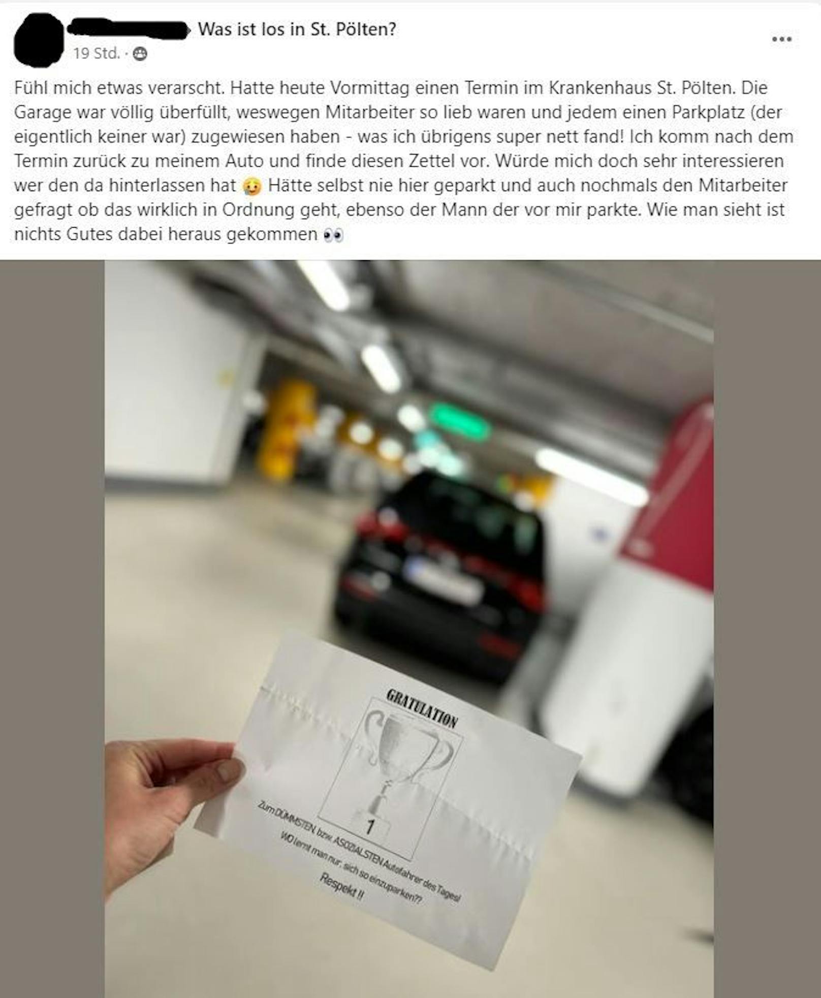 Die Frau machte ihrem Ärger in der FB-Gruppe "Was ist los in St. Pölten?" Luft.