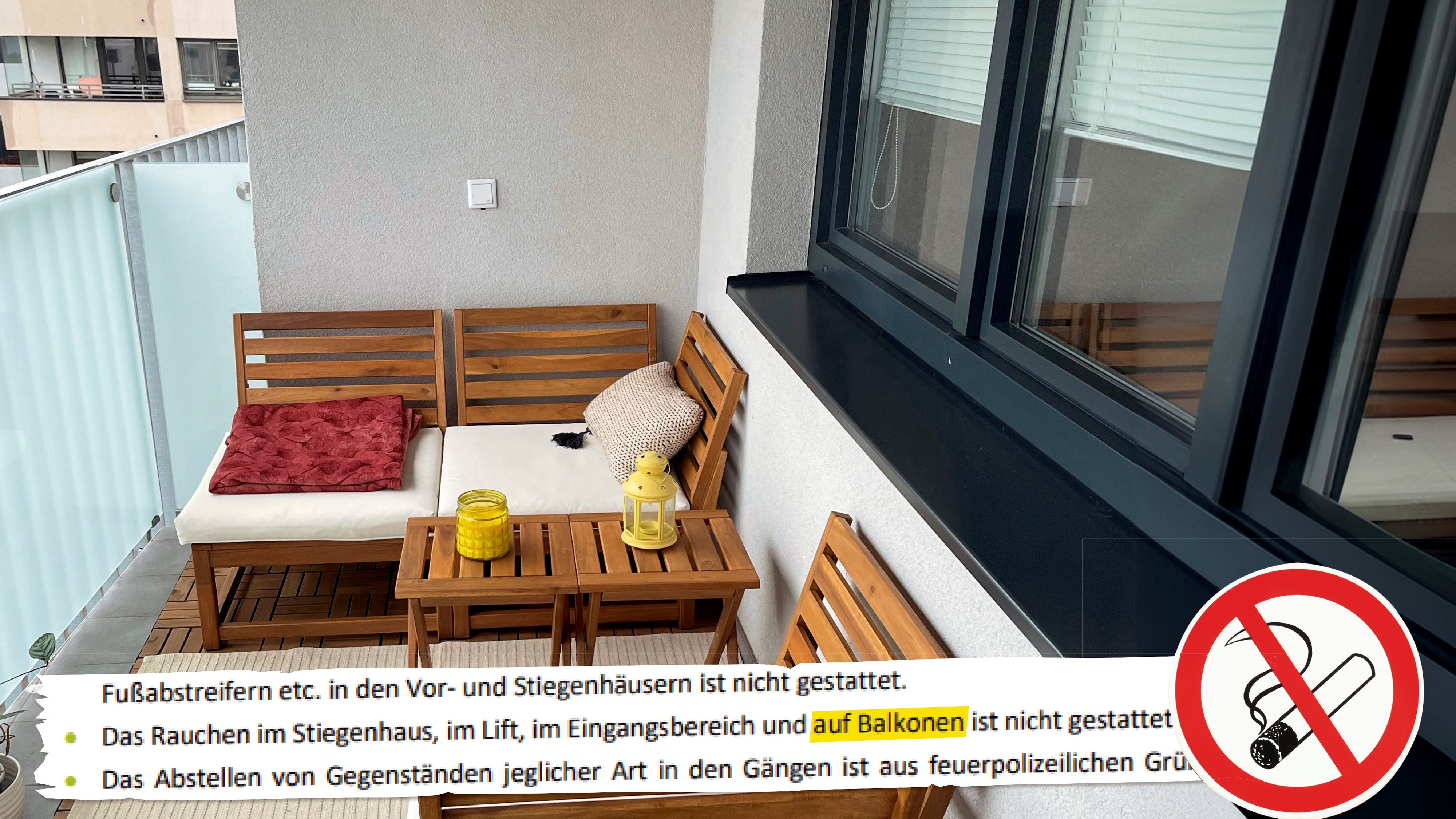 Der Hausordnung nach dürfen Mieterinnen und Mieter nicht auf ihrem eigenen Balkon rauchen.