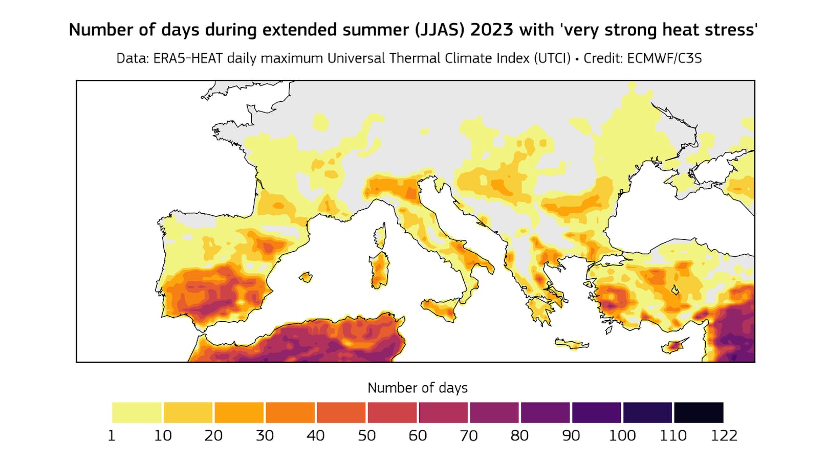 Anzahl der Tage mit "sehr starker Hitzebelastung" (zwischen 38°C und 46°C) im Juni, Juli, August und September 2023.