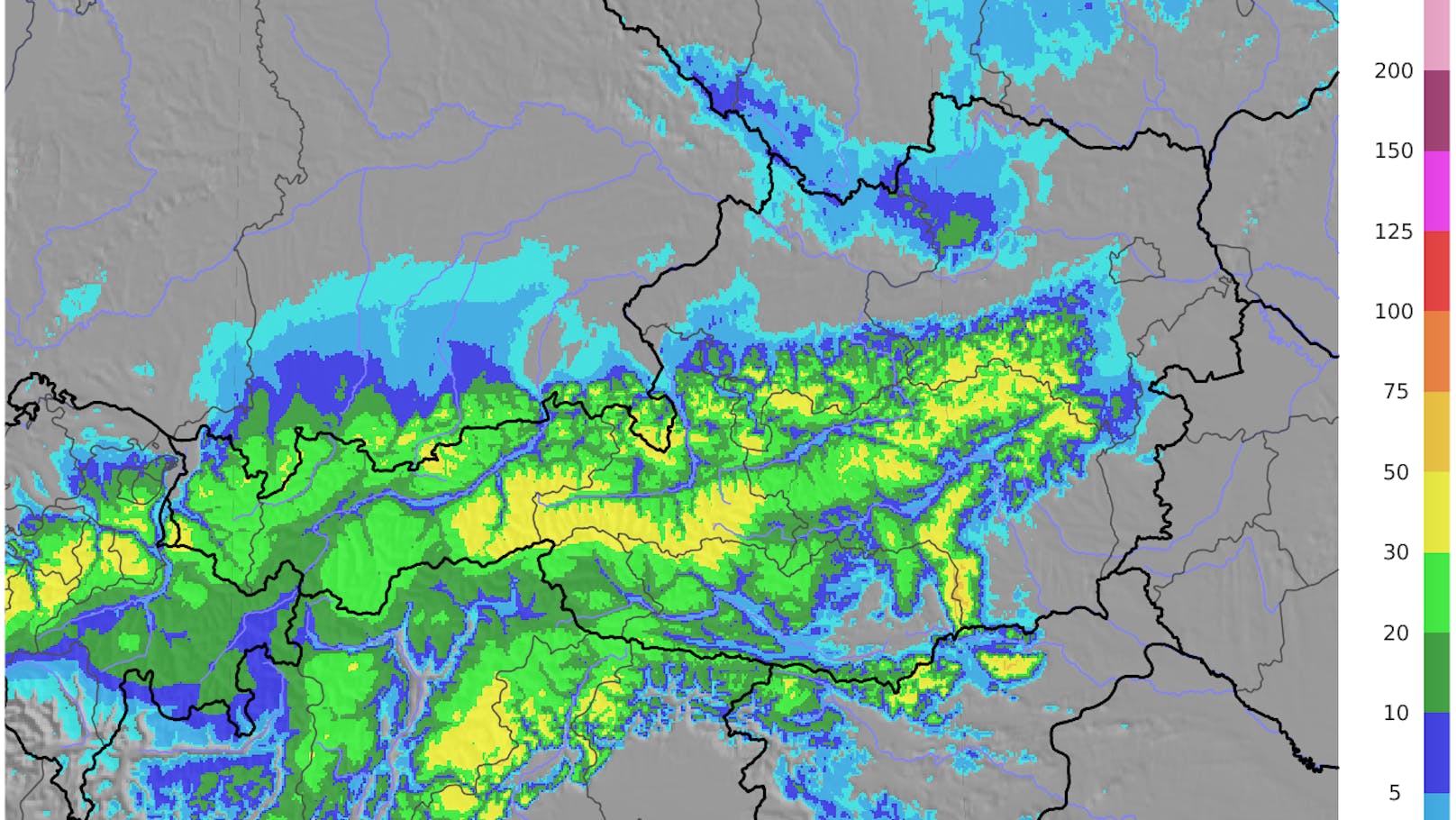 Die Neuschneeprognose für Dienstag und Mittwoch. Bis nach Wien hin ist temporär eine geringe Schneedecke möglich.