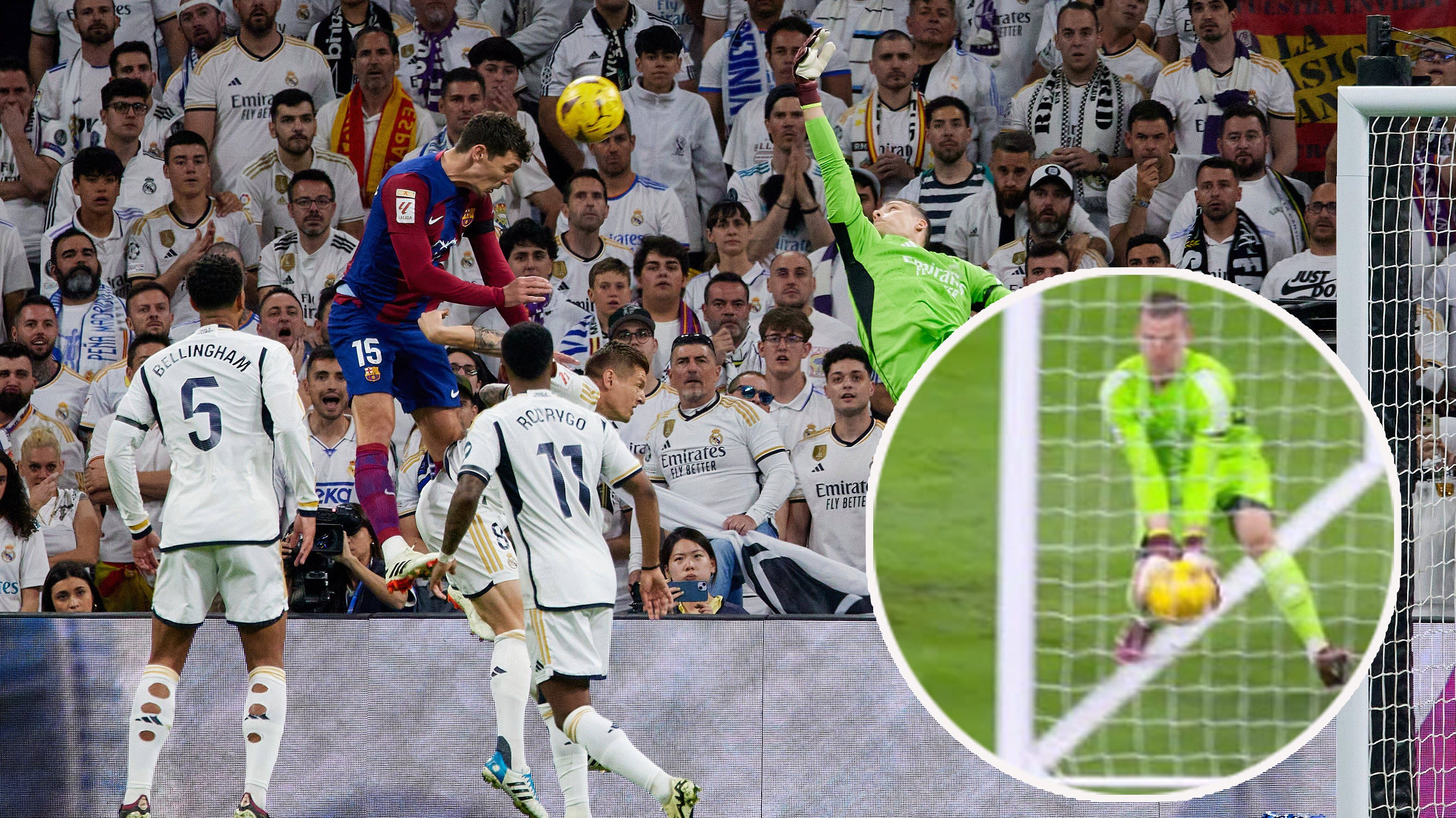 Aufregung um Real-Keeper Lunin. Er fing den Ball hinter der Linie. Es blieb unklar, ob das Spielgerät mit vollem Umfang im Tor war.