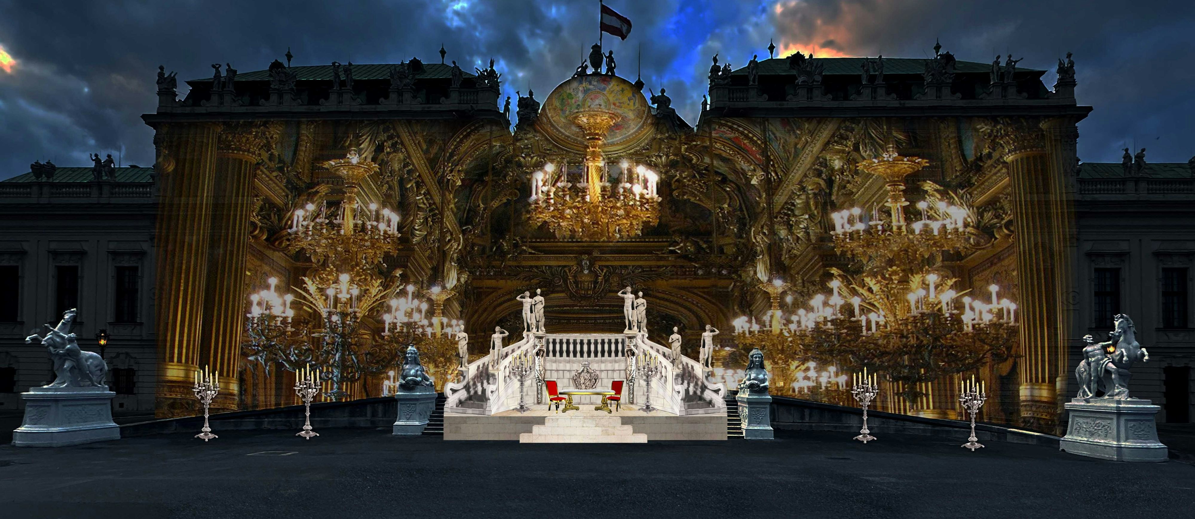 So wird die Bühne vor der Südseite des Oberen Belvederes aussehen. Die Fassade des Schlosses wird durch Projektionen mit einbezogen