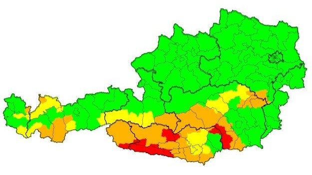 Die Warnungen sind bis Dienstagvormittag (23.0ß4.2024) aufrecht.