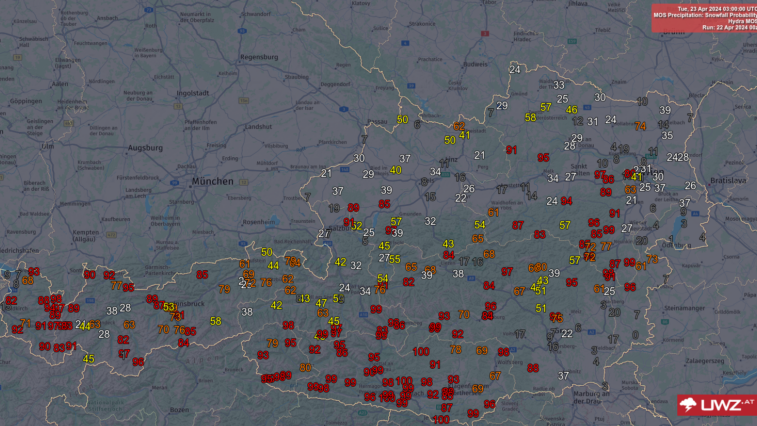 Die berechnete Wahrscheinlichkeit für Schneefall oder Schneeregen am Dienstag um 5 Uhr.