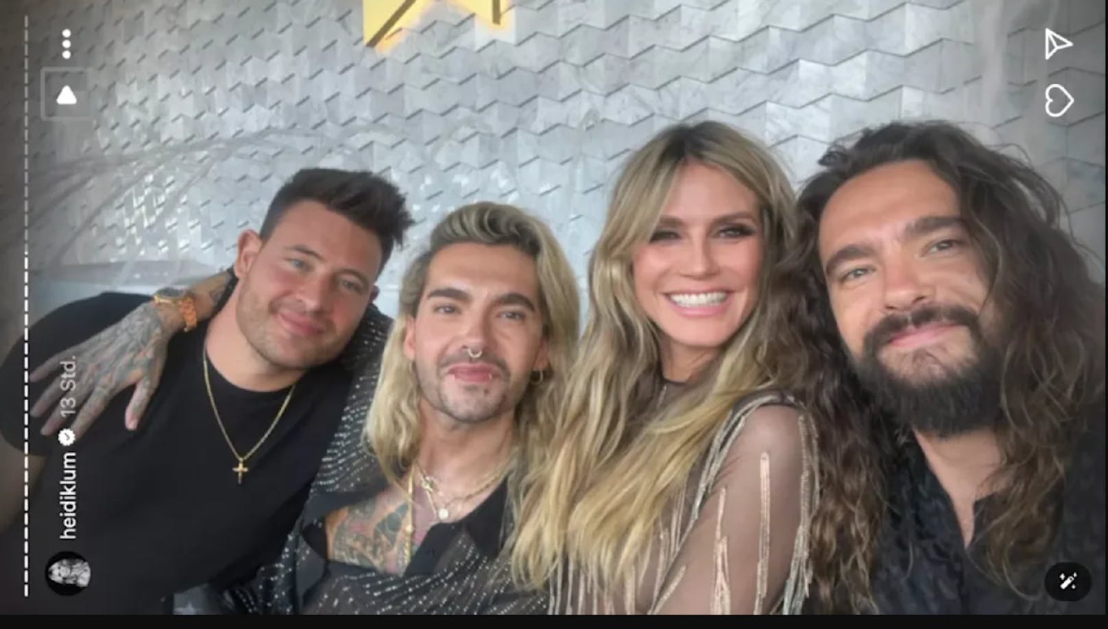 Sogar Heidi Klum teilte ein Selfie von sich mit Ehemann Tom Kaulitz (r.), Marc Eggers (l.) und Bill Kaulitz und hieß das Model damit im engeren Kreis willkommen.