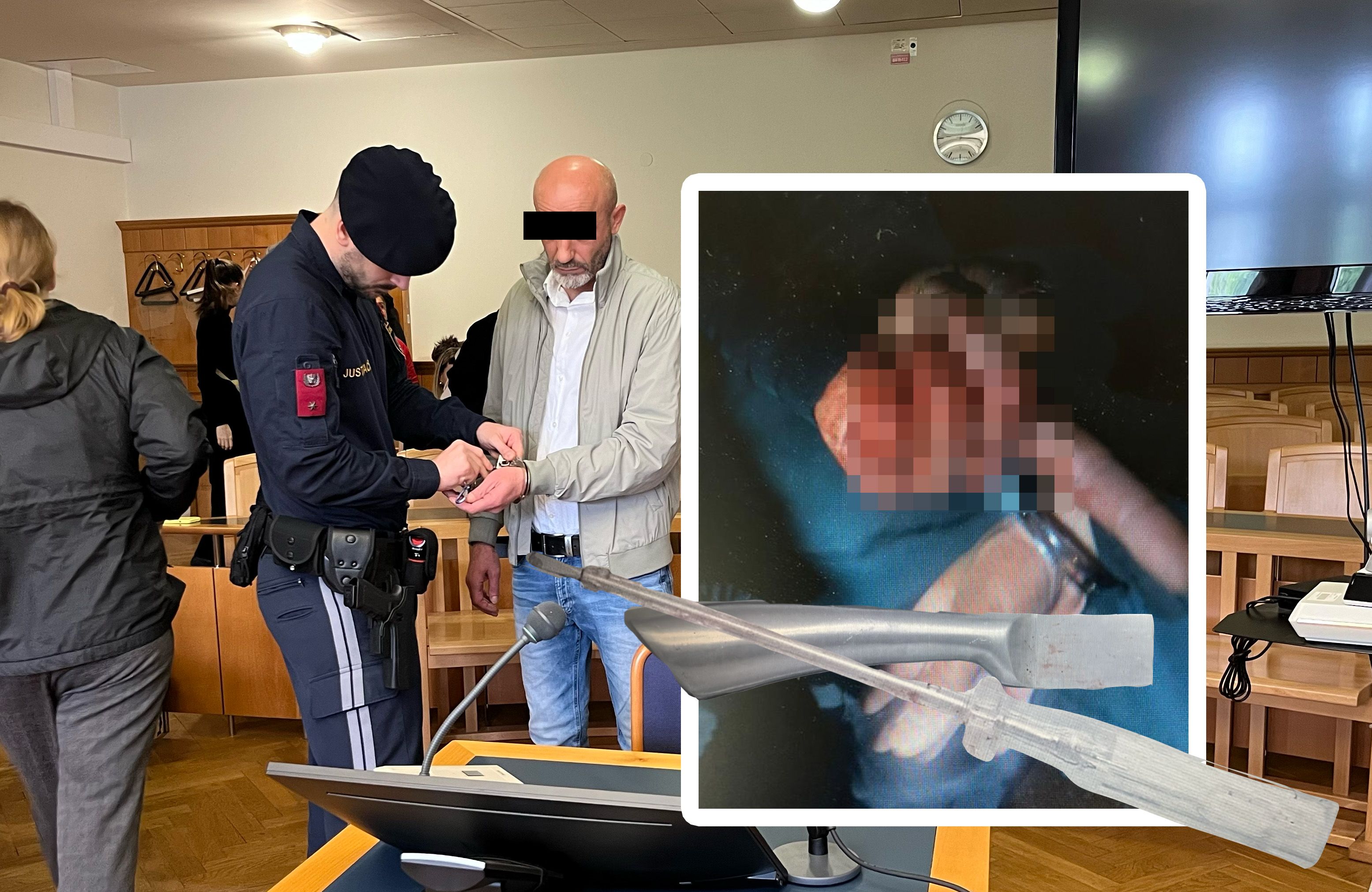 Der Angeklagte im Gerichtssaal – seine blutüberströmten Hände bei der Festnahme und die Tatwaffen.