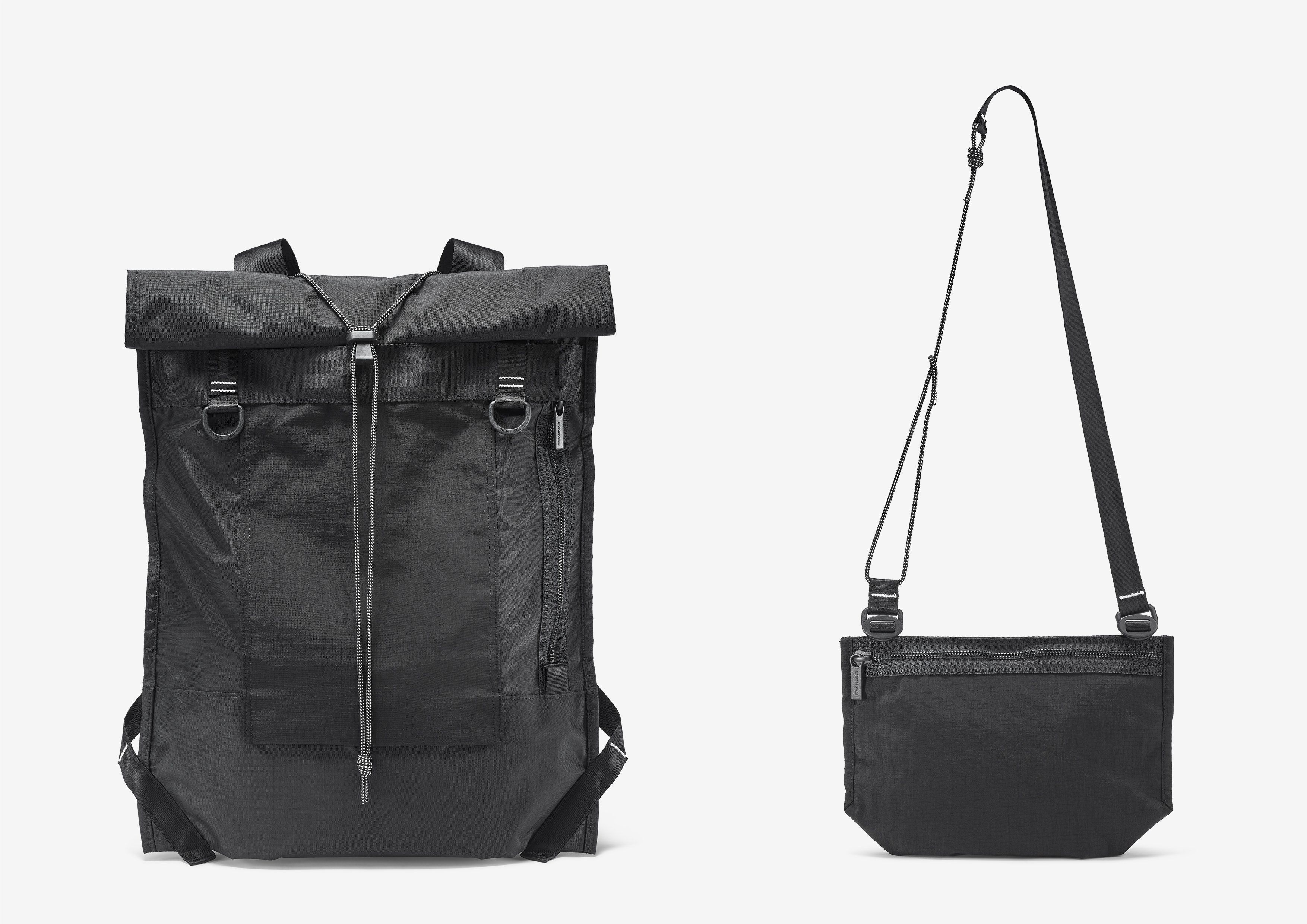 Der neue FREITAG Mono[PA6] Rucksack: vollständig recyclebar dank eines einzigen Materials. Die Außentasche kann auch solo getragen werden.