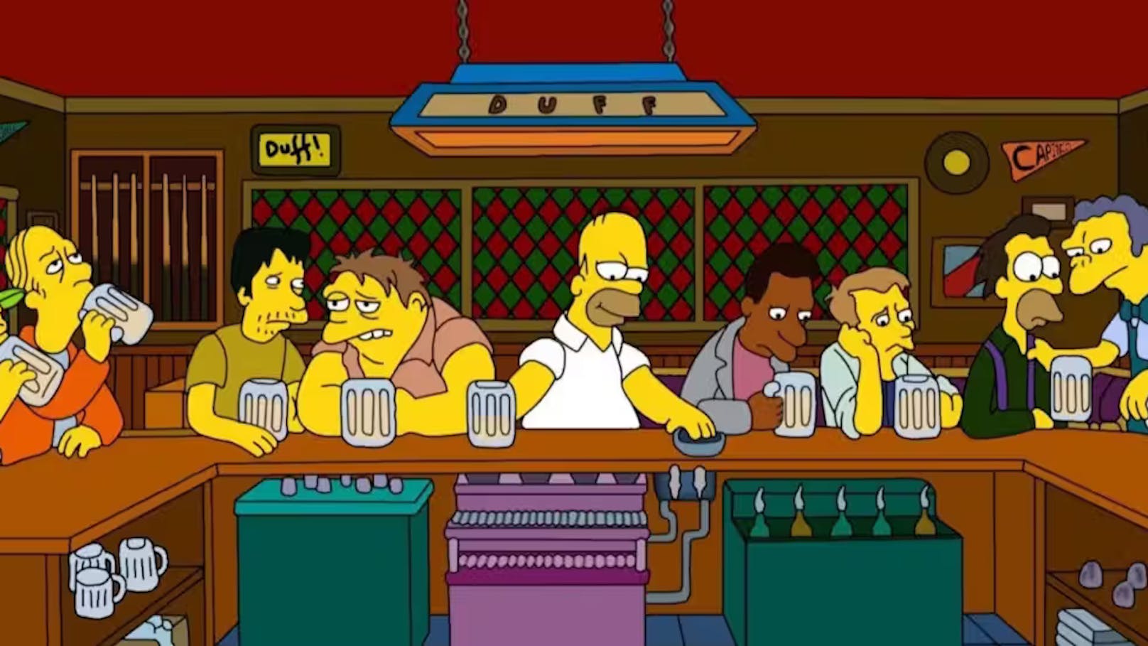 Ein Stammgast von Moe's Taverne aus der beliebten Animationsserie "Die Simpsons" stirbt. Achtung Spoiler: Die Auflösung folgt im nächsten Bild.