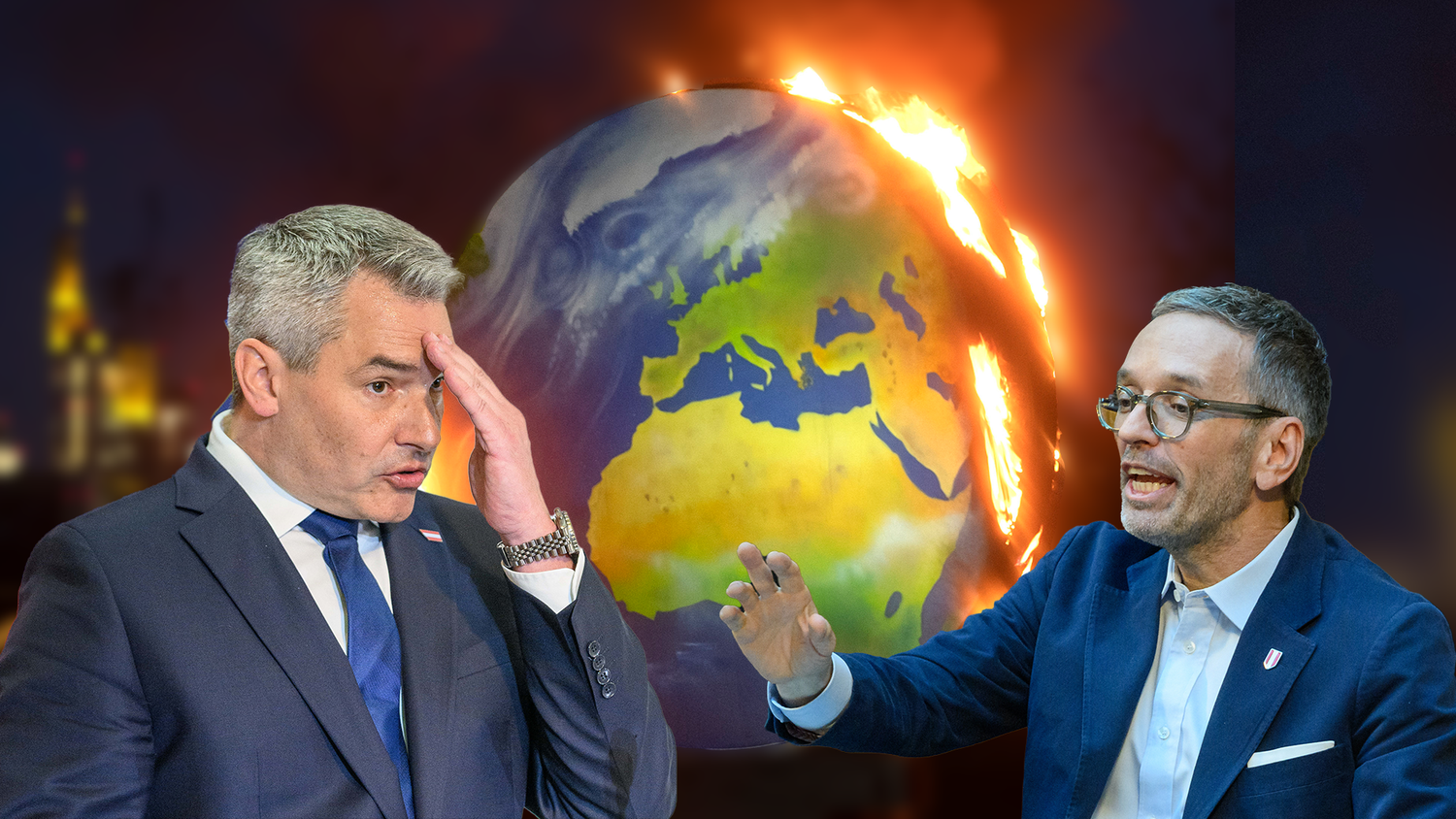Karl Nehammers (l.) ÖVP und Herbert Kickls (r.) FPÖ sind die zwei führenden Parteien im Verschleppen des Klimaschutzes.