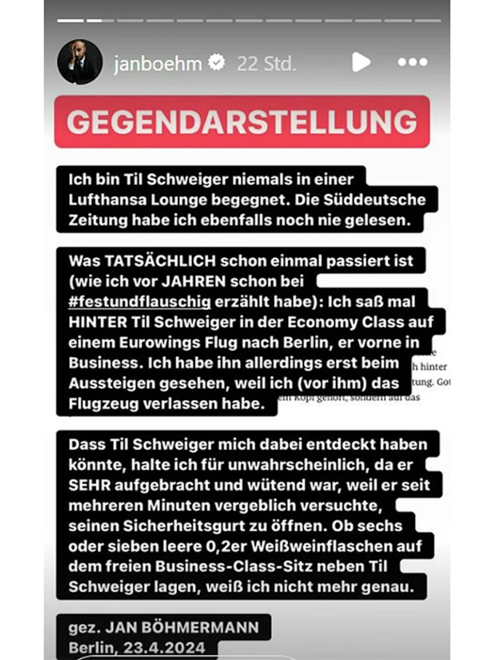 Jan Böhmermann macht sich in seiner Instagram-Story lustig über die Aussagen von Til Schweiger.