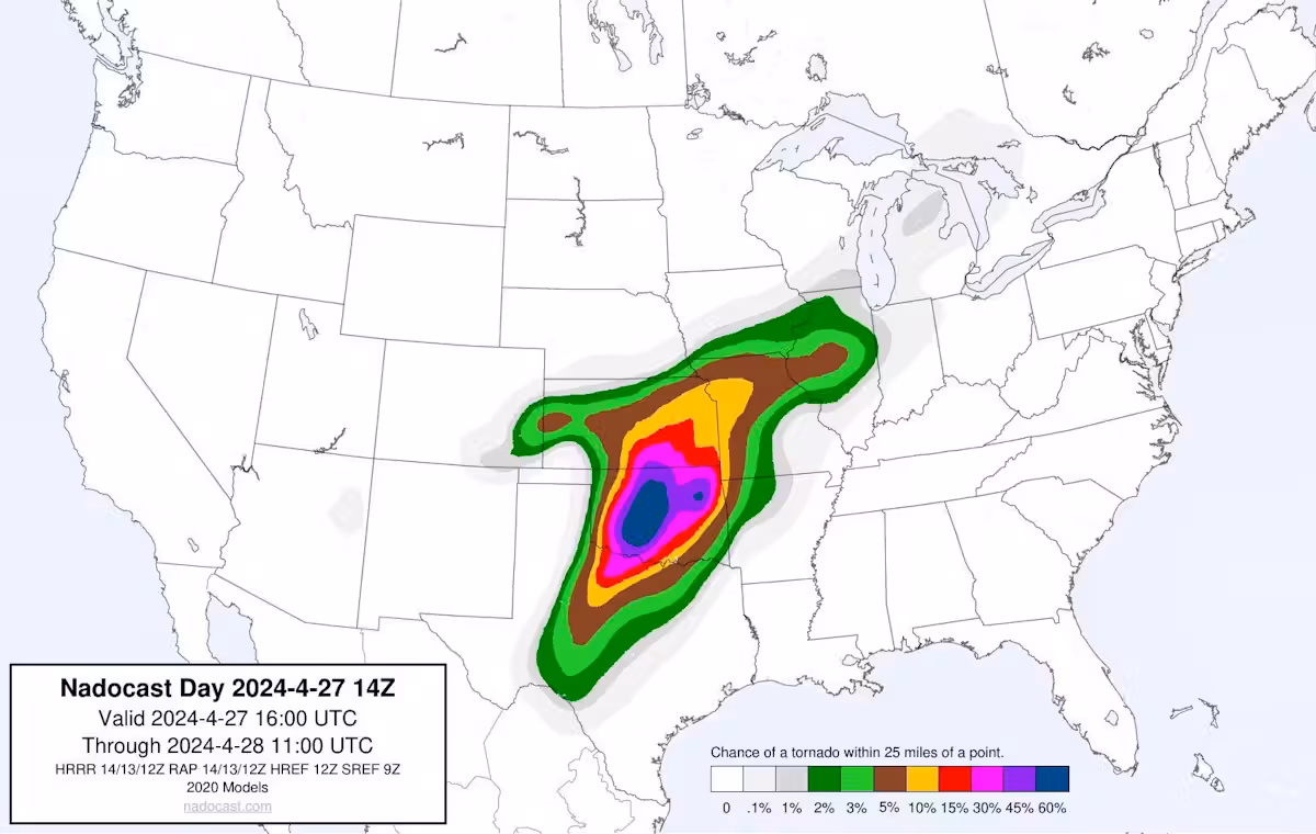 Am 27. April 2024 drohen weitere Unwetter den Mittleren Westen der USA. Am Nachmittag (Ortszeit) sollen starke Windböen über die Region fegen.