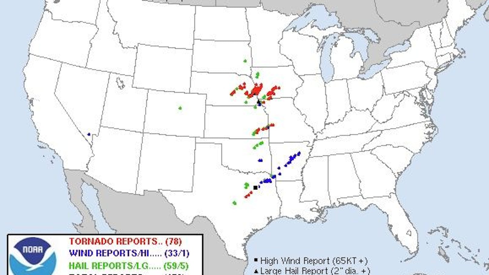 Unwetter-Meldungen für den 26.04.2024 in den USA (rot = Tornados, vorläufig bis 10:30 MESZ am 27.04.2024)