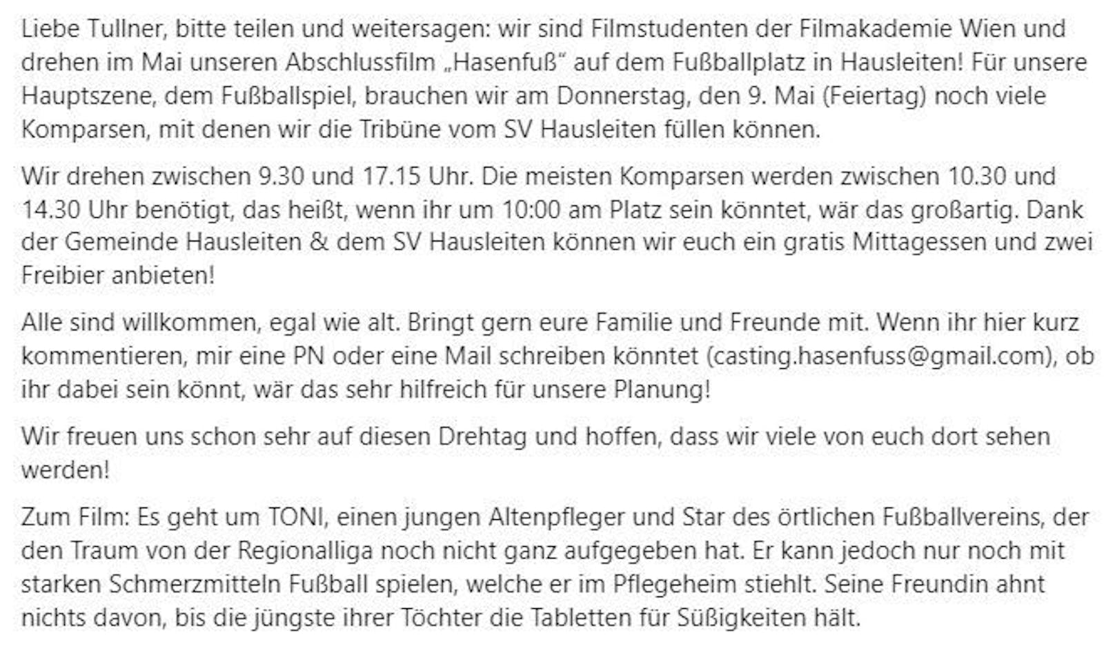 Die Tribüne des SV Hausleiten soll mit Komparsen voll sein. 