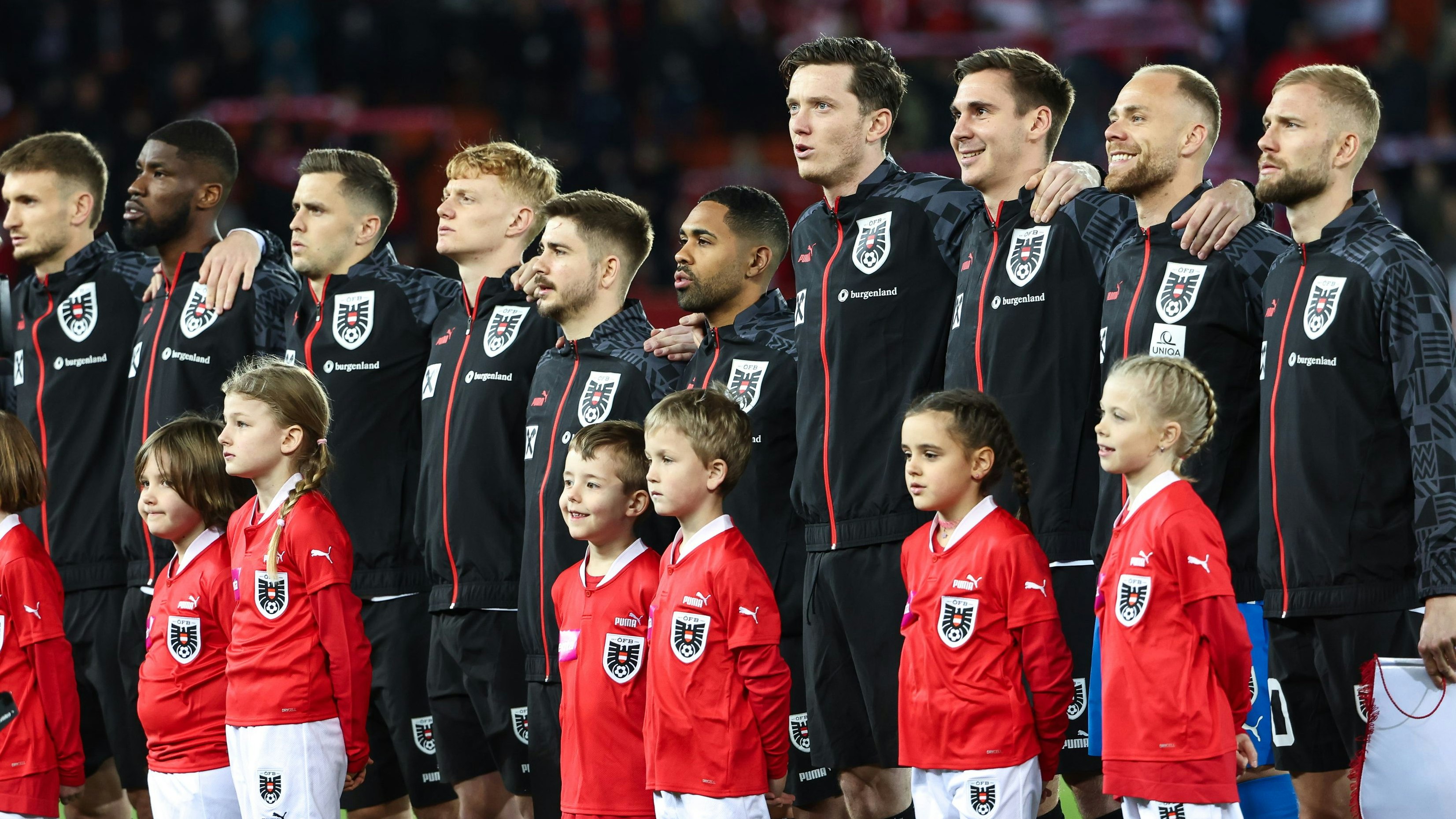 VIENNA,AUSTRIA,26.MAR.24 - SOCCER - OEFB international friendly match, Austria vs Turkey. Image shows the team of AUT during the hymn. Photo: GEPA pictures/ Armin Rauthner