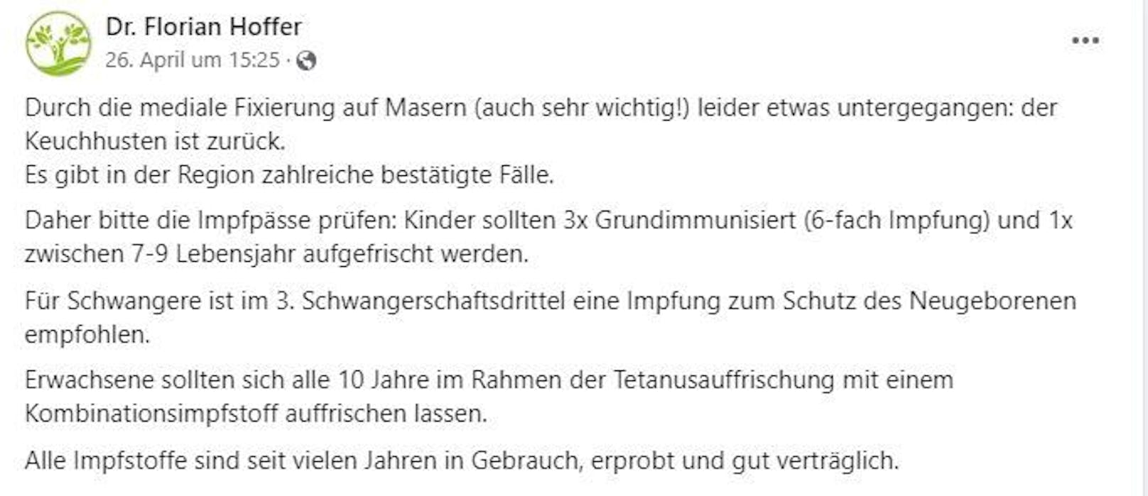 Florian Hoffer, Allgemeinmediziner aus dem Bezirk Melk, weist auf die Impfung gegen Keuchhusten hin.