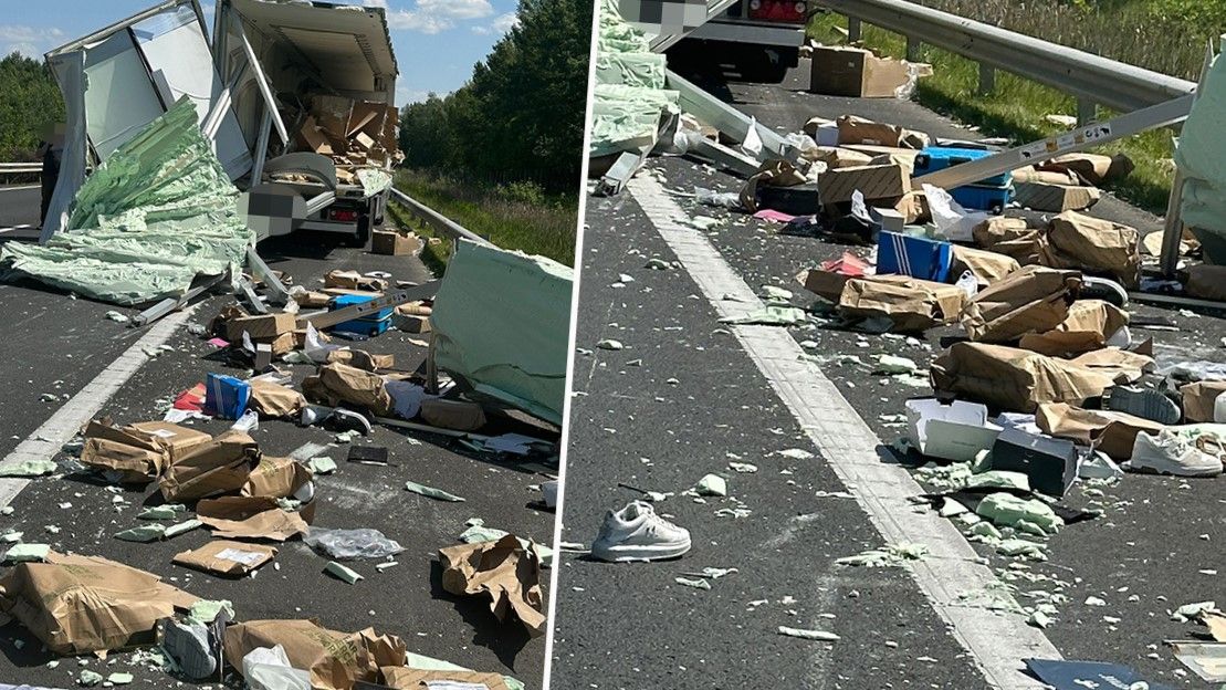 Schuhe verschiedener Marken flogen nach einem Unfall über die E75.