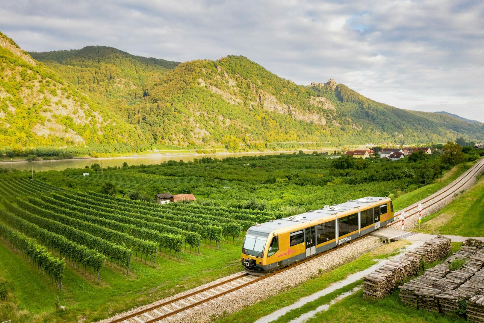 Die Wachaubahn auf ihrem Weg durch die abwechslungsreiche Landschaft des weltbekannten Weinbaugebiets Wachau