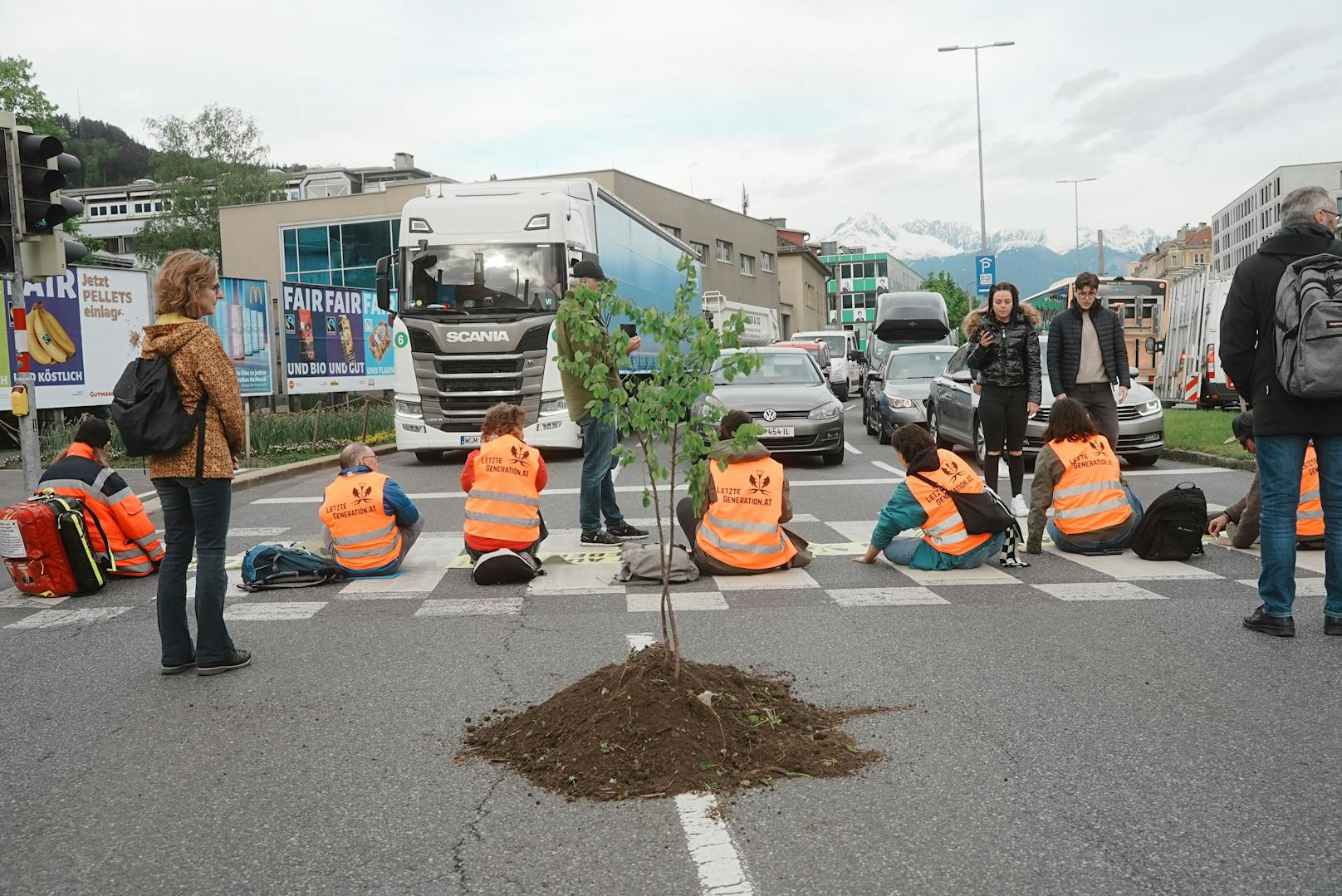 Mitglieder der "Letzten Generation" haben am Donnerstag einen Baum auf der Grassmayr Kreuzung in Innsbruck gepflanzt.