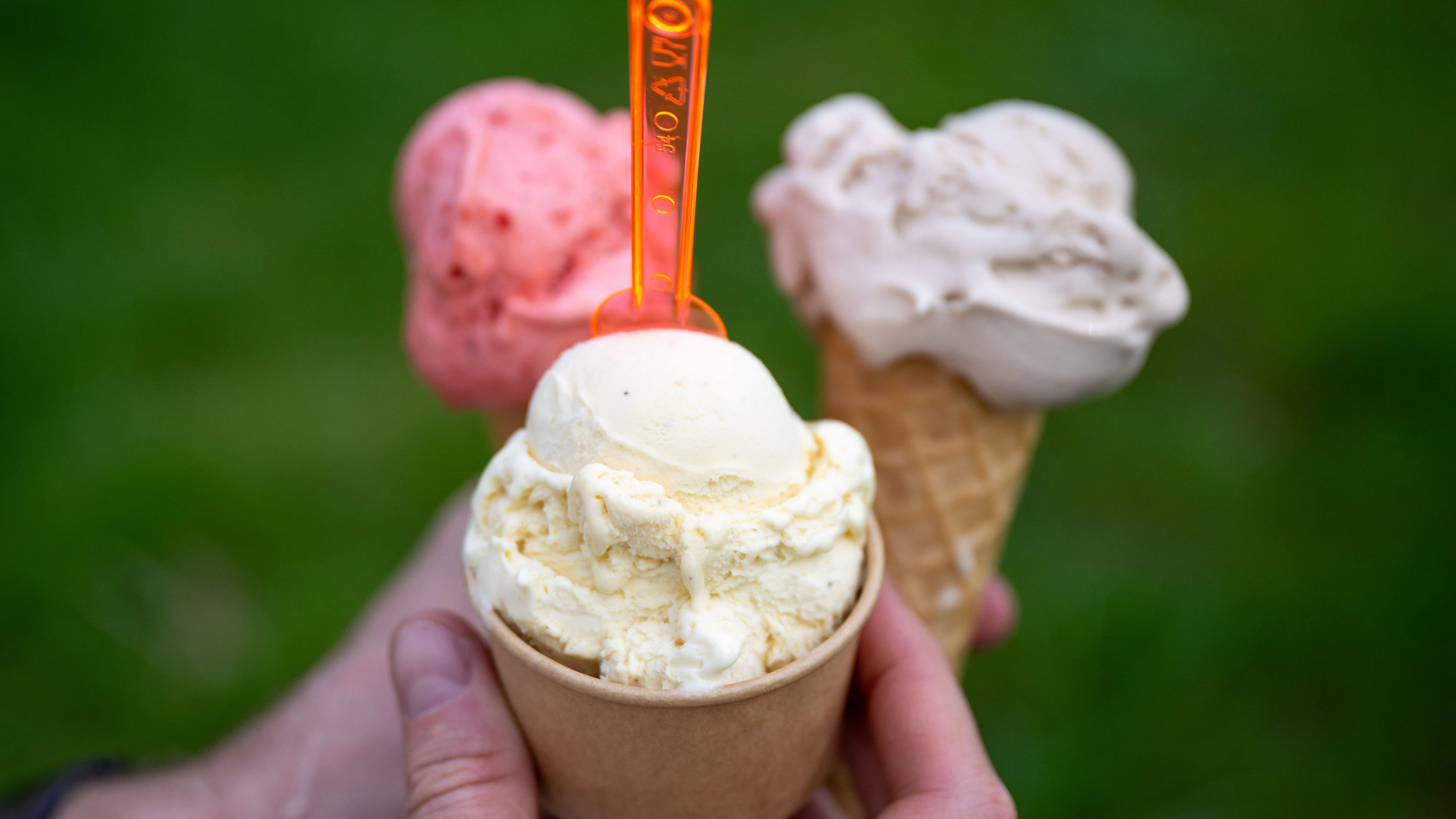 Download von www.picturedesk.com am 02.05.2024 (13:38).  07 April 2024, Brandenburg, Werder: A man holds a sundae and two ice cream cones in his hand in summer temperatures. Photo: Monika Skolimowska/dpa - 20240407_PD4471 - Rechteinfo: Rights Managed (RM)