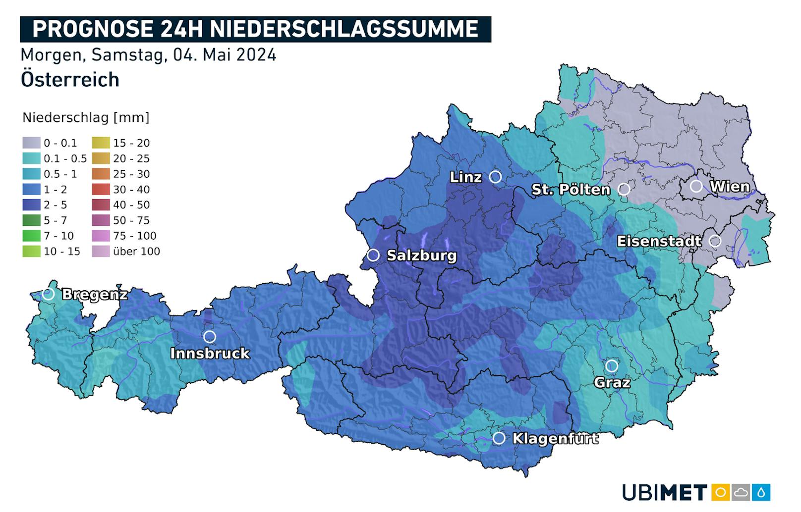 Die Regenprognose für Samstag, 4. Mai 2024.