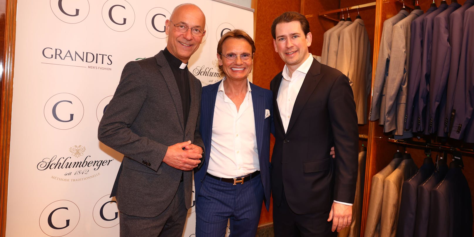 Neo-Unternehmer Toni Volemann (Mitte) mit Altkanzler Sebastian Kurz und Dompfarrer Toni Faber