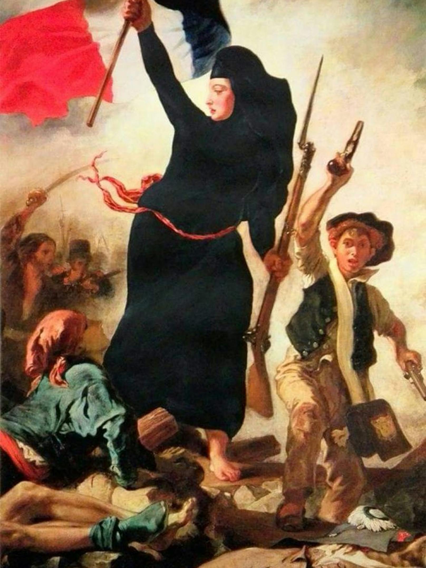 Burka statt Brust: Eine Adaption von "Die Freiheit führt das Volk" - ein Gemälde des französischen Malers Eugène Delacroix. Das 2,60 × 3,25 Meter große Bild entstand 1830 - "Die Übermalung entstand 2016 als den Frauen in Nizza ohne Vorwarnung verboten wurde im Burkini zu schwimmen/baden"