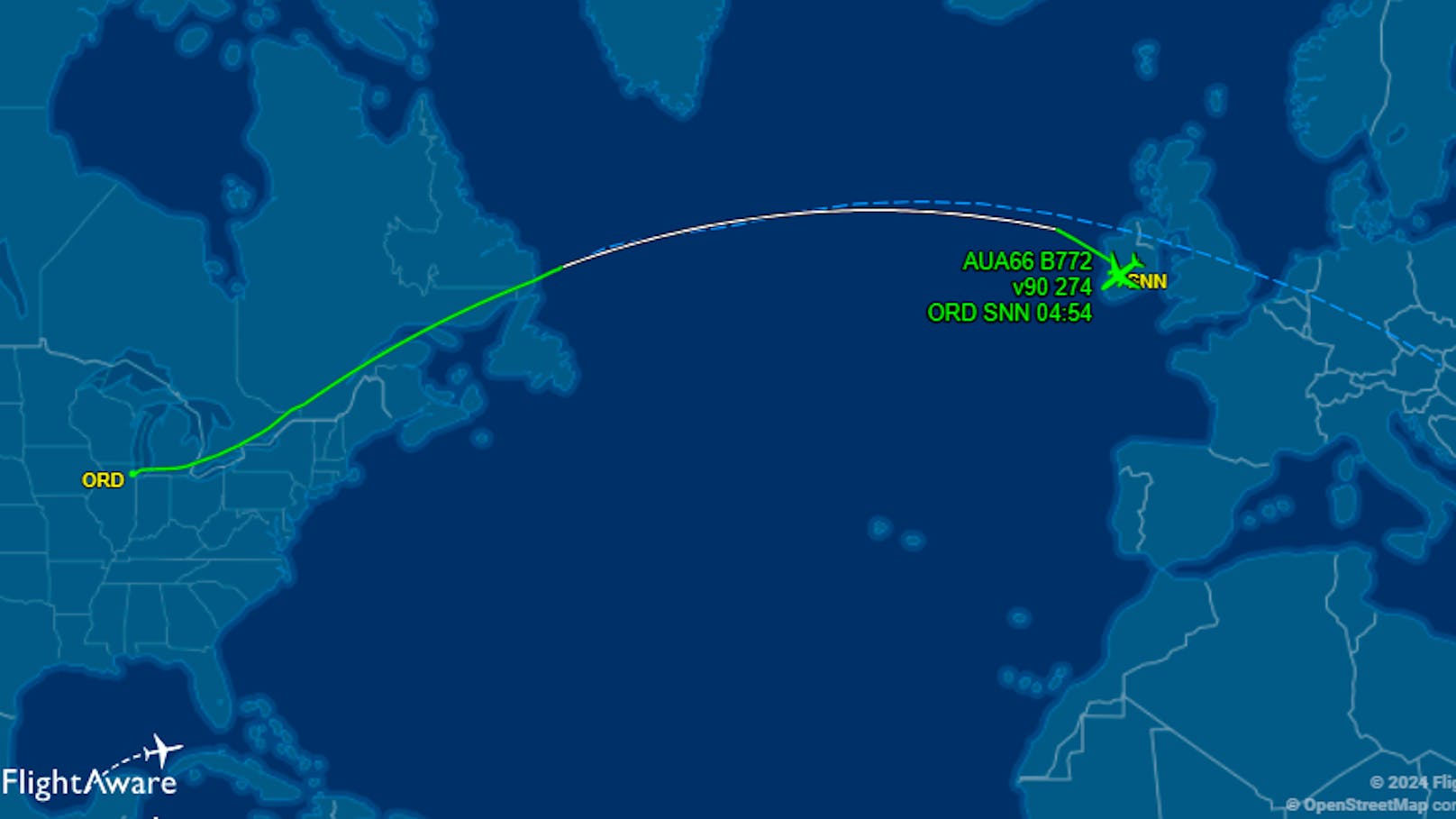 Flug OS66 musste im irischen Shannon zwischenlanden.