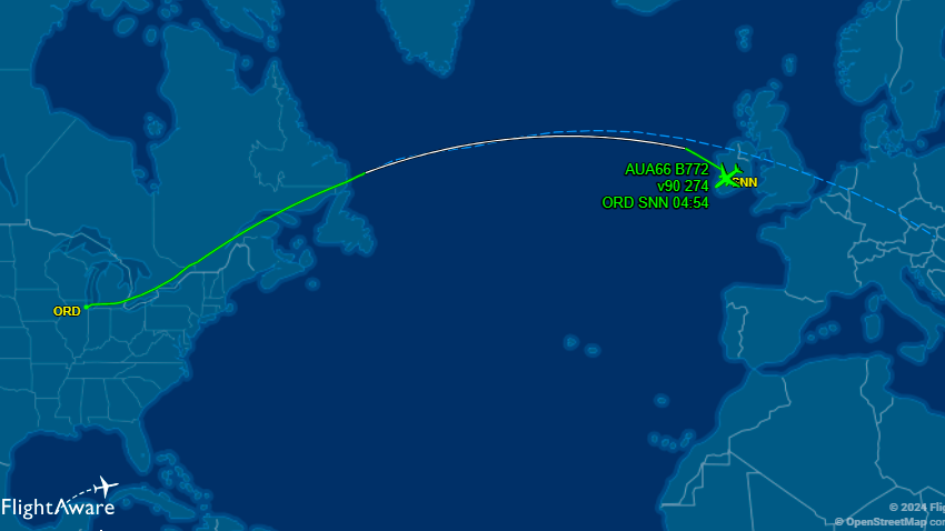 Flug OS66 musste im irischen Shannon zwischenlanden.