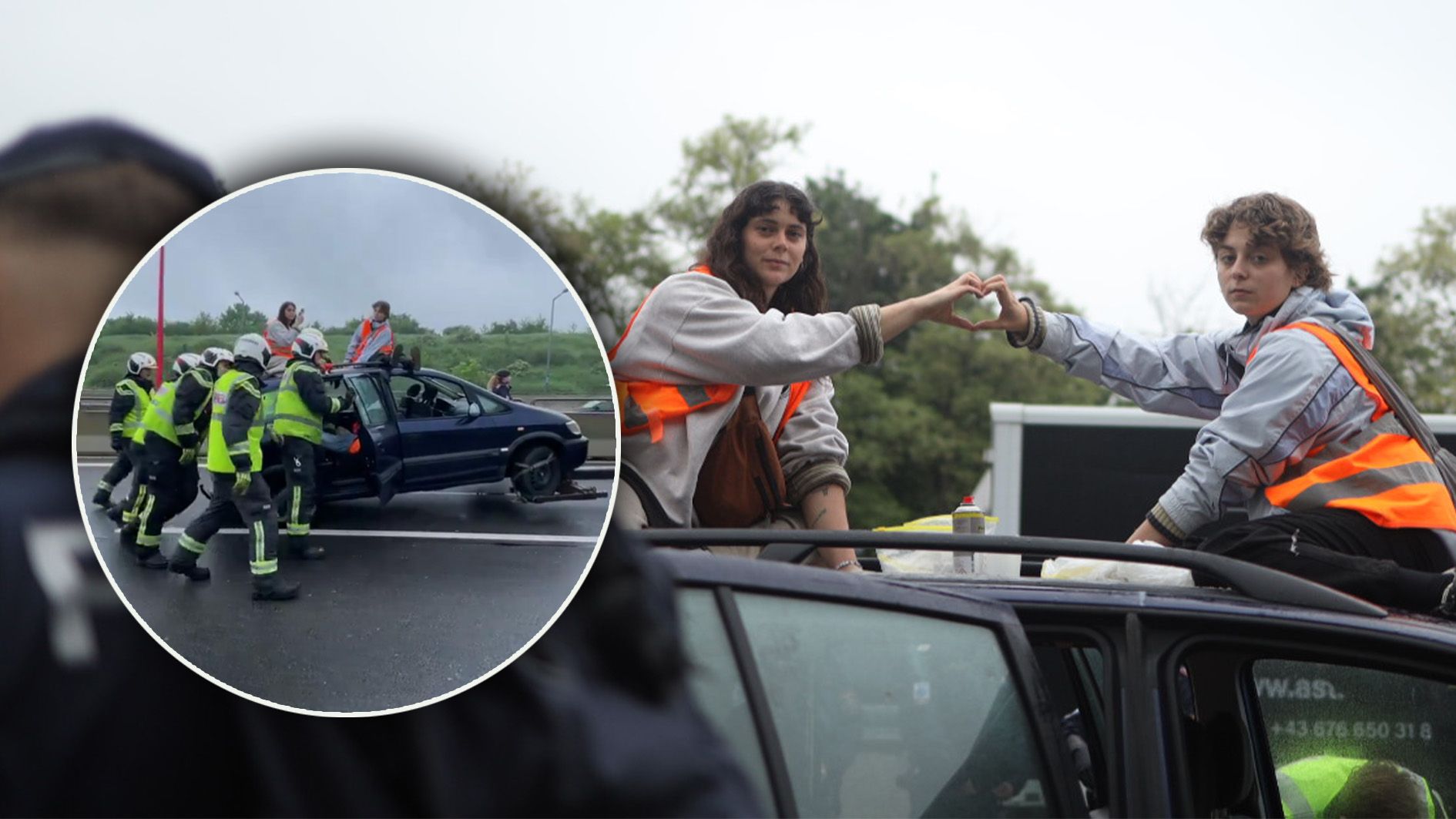 Die Letzte Generation greift zu neuen Mitteln. Am Mittwoch betonierten sich zwei Aktivistinnen auf der A23 ein Autodach.