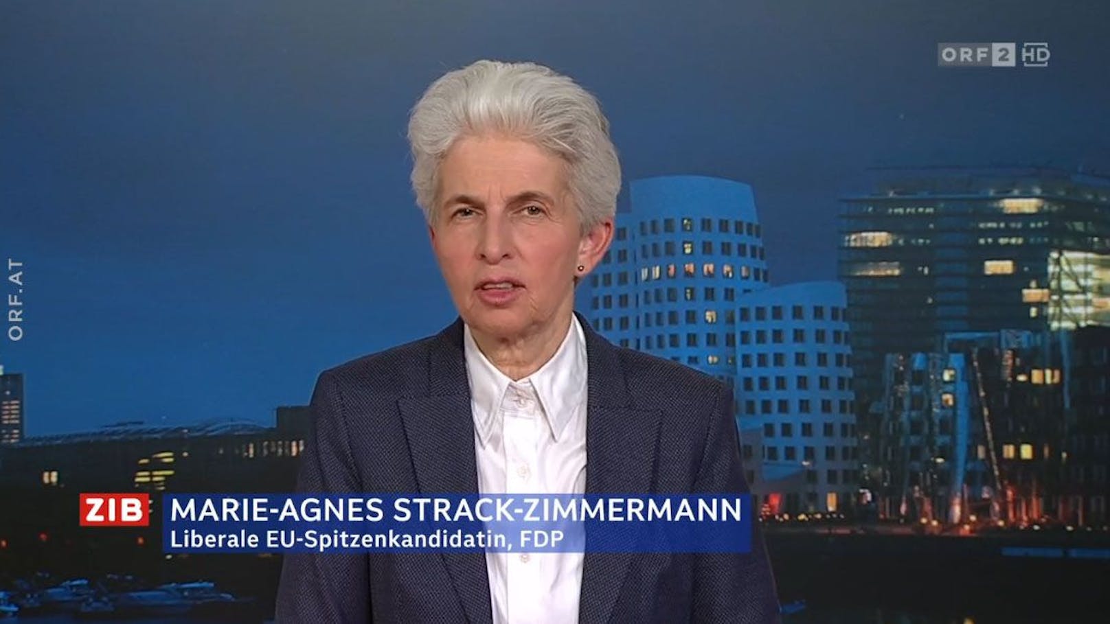 Die EU-weite Spitzenkandidatin der Liberalen Marie-Agnes Strack-Zimmermann war am 8. Mai 2024 zu Gast in der ZIB2 mit Armin Wolf.