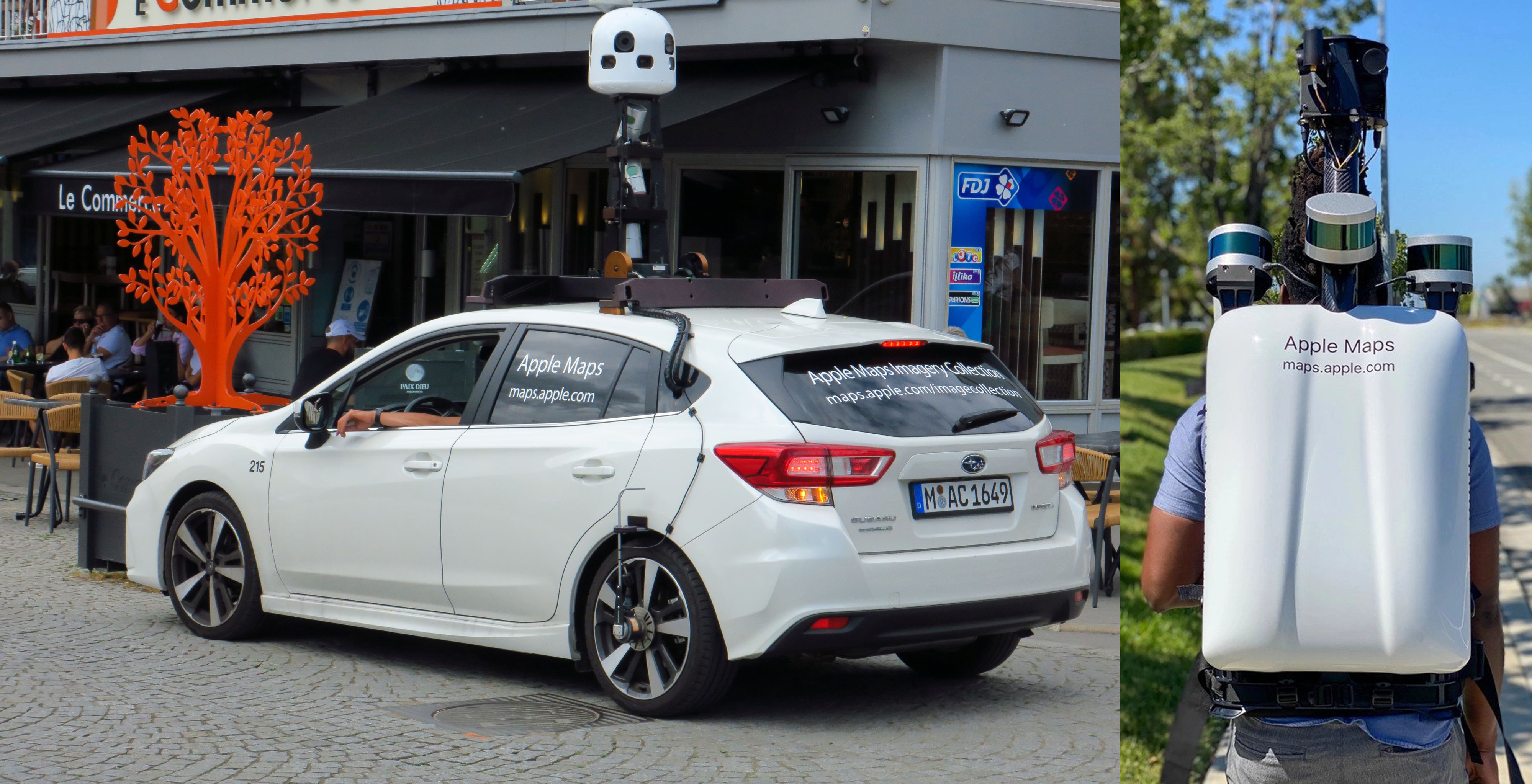 Demnächst wieder auf Österreich-Tour: Apple-Maps-Auto, ein Mitarbeiter mit Spezialrucksack