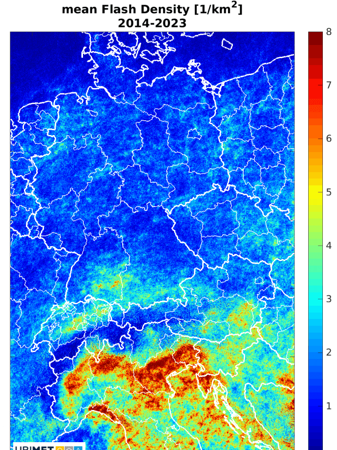 Mittlere Blitzdichte (>5 kA).
