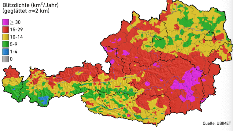 Die mittlere Blitzdichte pro Jahr von 2010 bis 2019 (alle Stromstärken).