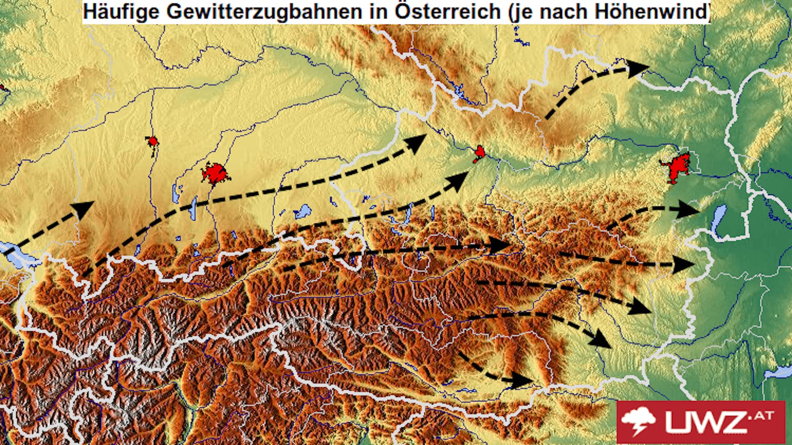 Typische Gewitterzugbahnen in Österreich. Bei Südwest- bis Westlagen ist vor allem die Alpennordseite betroffen, bei West- oder Nordwestlagen dagegen eher der Süden bzw. Südosten.
