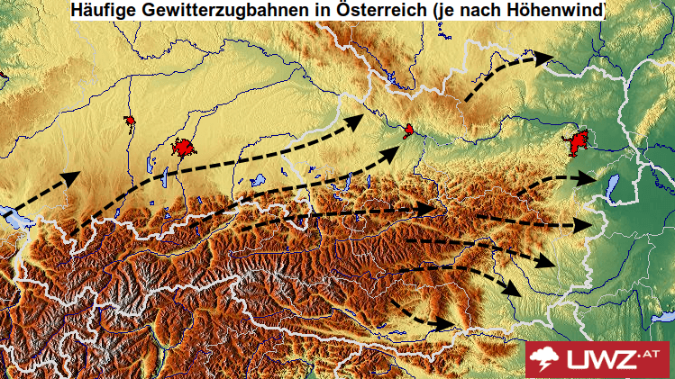 Typische Gewitterzugbahnen in Österreich. Bei Südwest- bis Westlagen ist vor allem die Alpennordseite betroffen, bei West- oder Nordwestlagen dagegen eher der Süden bzw. Südosten.