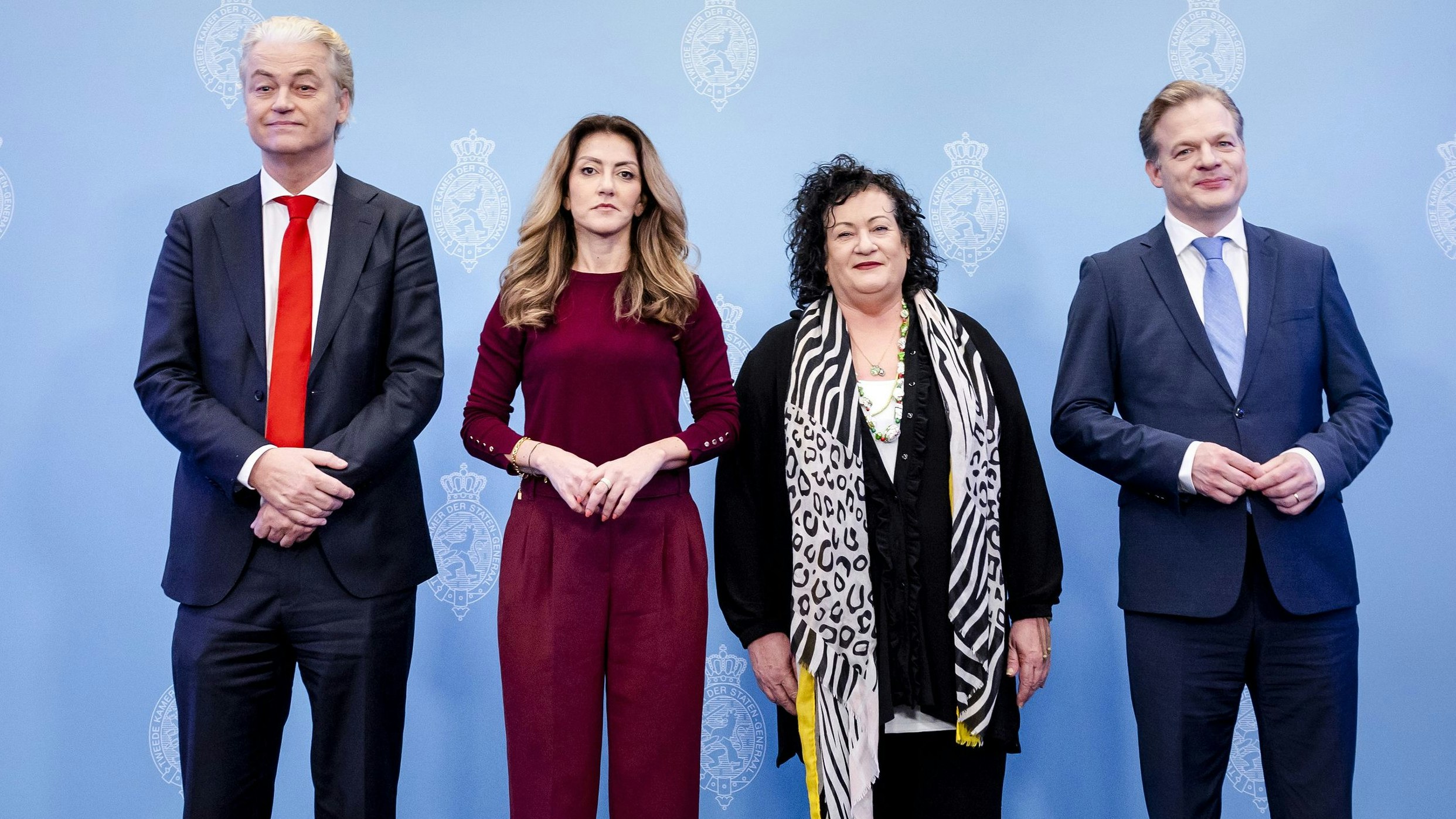 Die bisherige niederländische Regierung nach der Einigung 2024 (v.l.): Geert Wilders (PVV), Dilan Yesilgoz (VVD), Caroline van der Plas (BBB) and Pieter Omtzigt (NSC)
